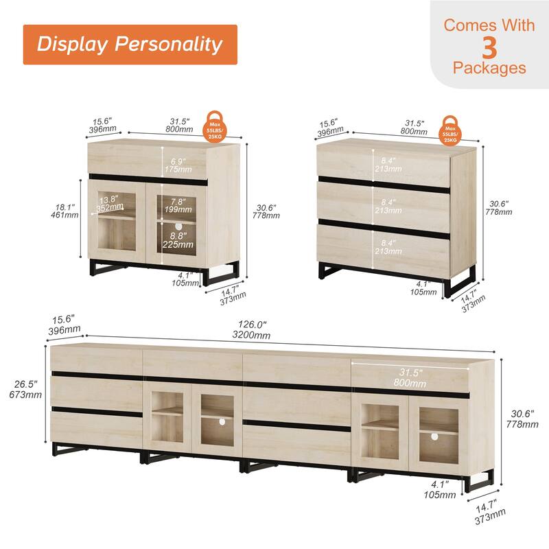 4-in-1 Multifunctional Sideboard Buffet with 8 Drawers & Glass Doors, Modern Credenza with Adjustable Shelf & Metal Base.