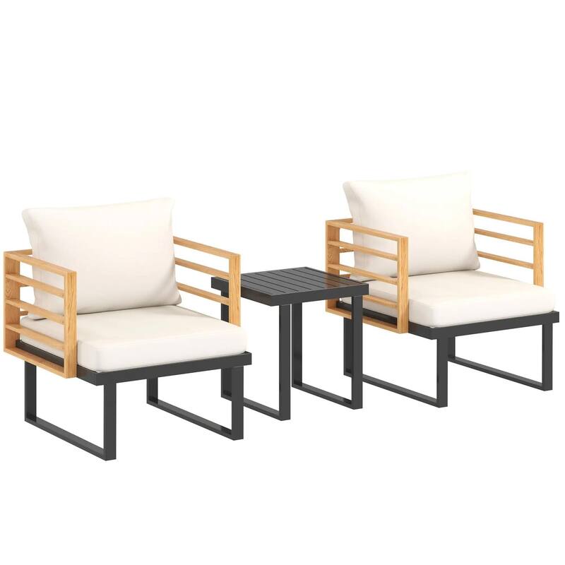 3-Piece Metal Patio Set, Small Cushioned Armchairs, Slatted Table