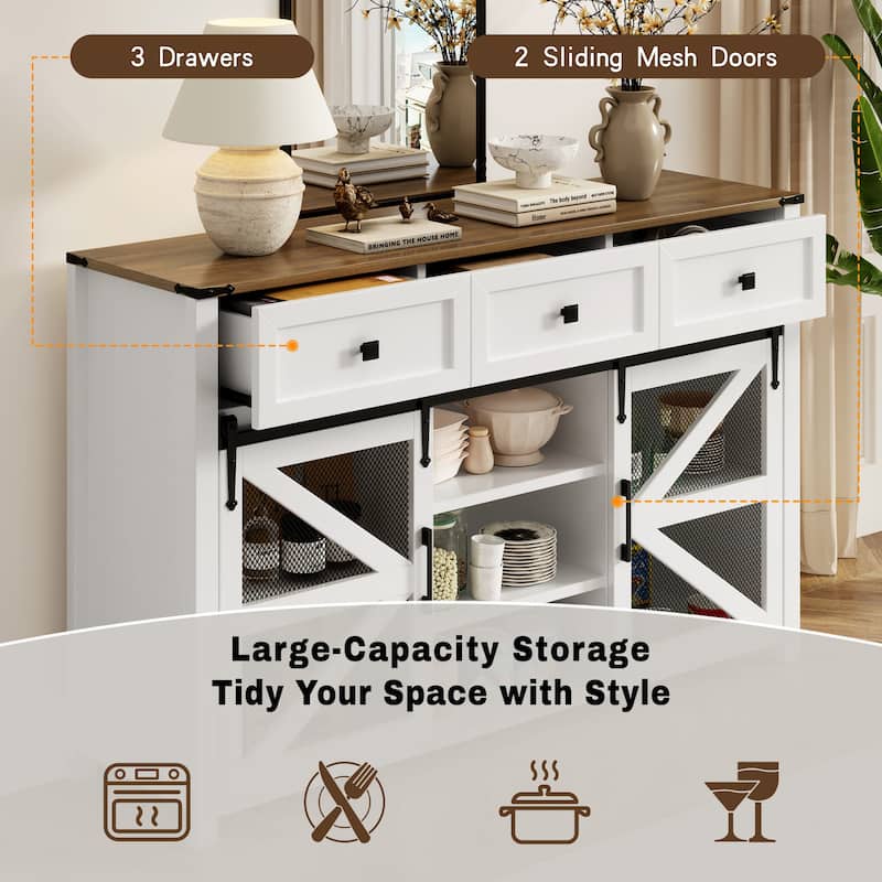 55" Sliding Barn Door Sideboard Cabinet with 3 Drawers and Adjustable Shelves