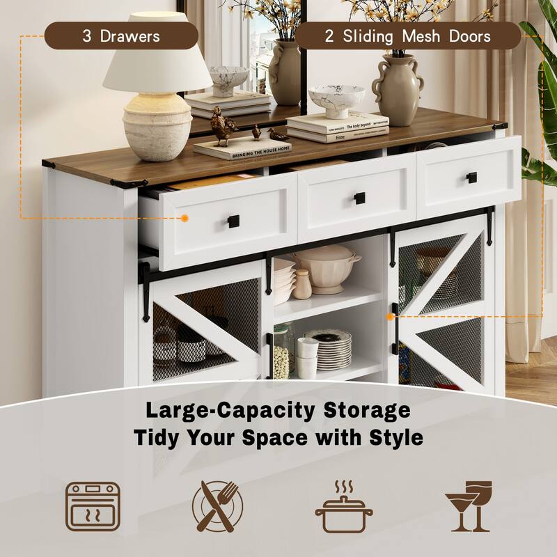 55'' Sliding Barn Door Sideboard Buffet Cabinet with 3 Drawers