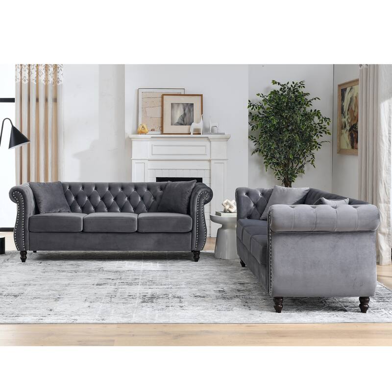 Chesterfield Black Velvet Sofa - 3+3 Seater Tufted Couch with Rolled Arms and Nailhead Trim, Includes Two Pillows