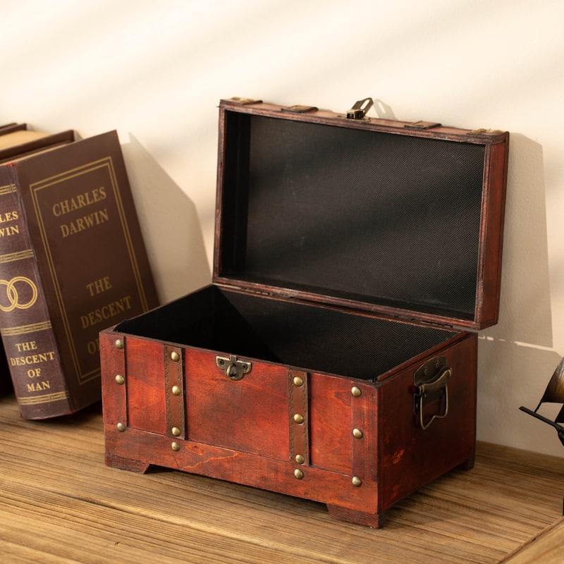 Multi-Function Vintage-Inspired Small Wooden Storage Box and Decorative Trunk - Antique Cherry