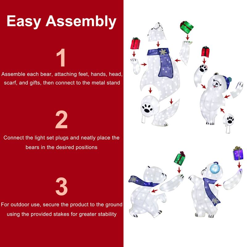 Puleo International Set of 4 Pre-Lit Bear Family Christmas Holiday Decor with 450 Cool White Twinkling LED Lights