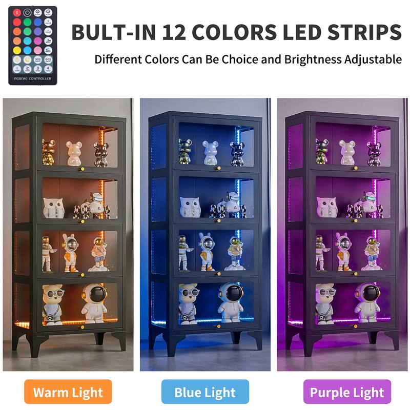 4/5-Tier Curio Display Cabinet with Glass Flip Doors & LED Light Strip