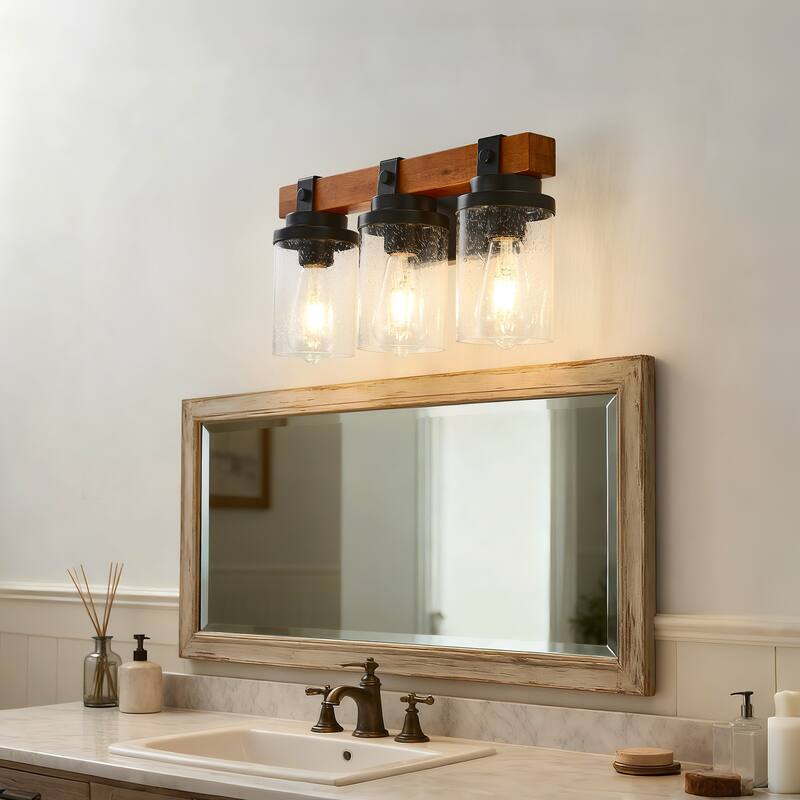 3-Light Matte Black And Wooden Wall Lamps With Glass Shades(No Bulbs) For Bathroom Or Bedroom