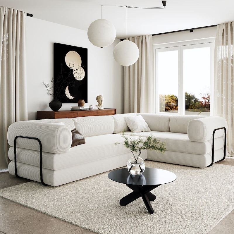 L-Shaped Modular Sofa Sleeper Sofa, Corduroy Sectional Sofa with 3 Wedge Cushions and Flat Cushion, Convertible Sofa Bed - Beige