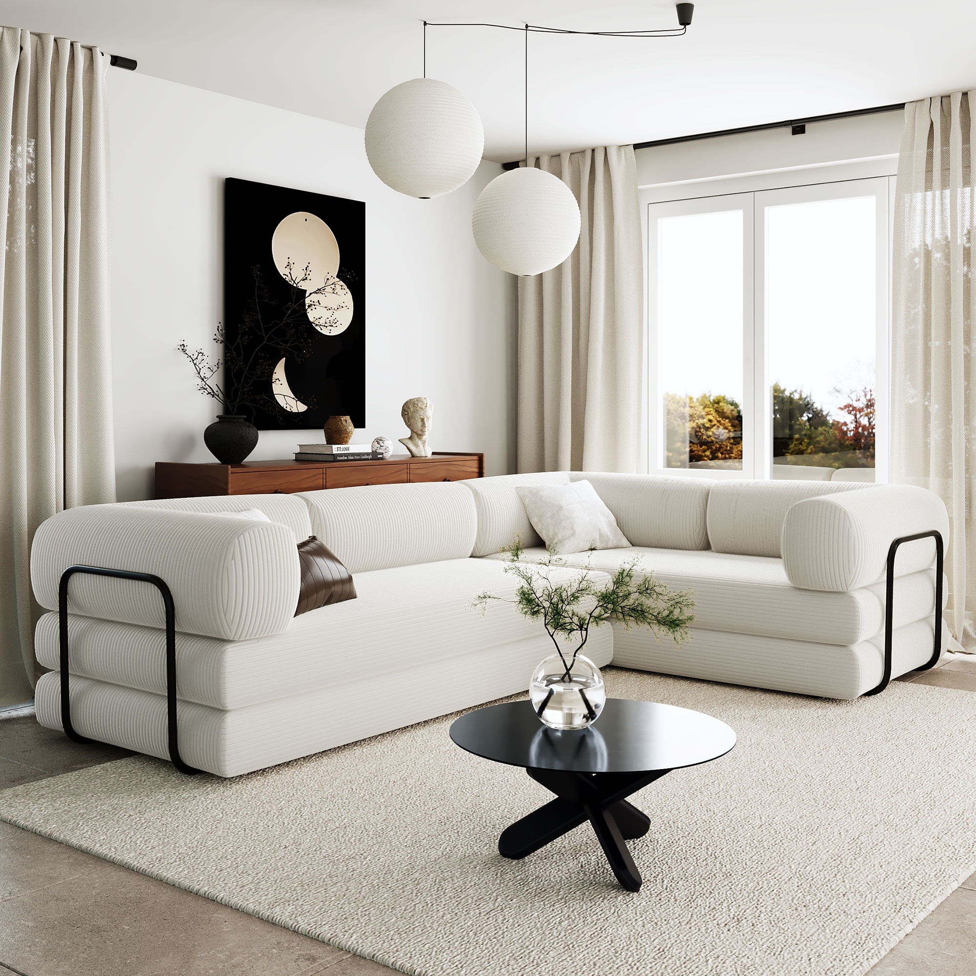 Roomfitters Modern L-Shaped Modular Sofa Bed, Corduroy Convertible Sleeper Sectional Couch with Industrial Metal Frame