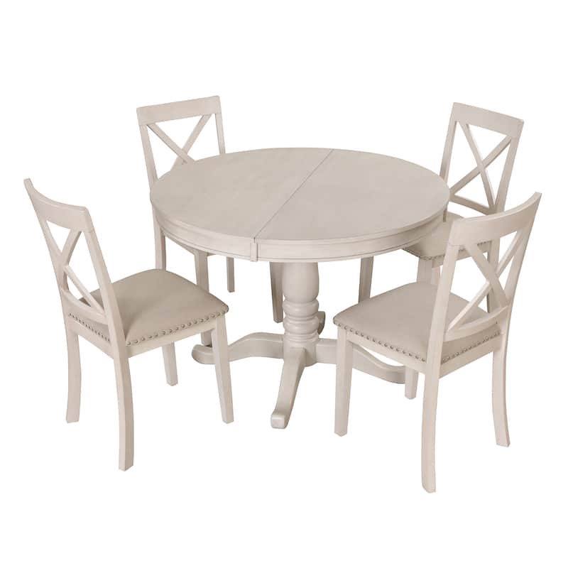 5 Piece Wood Dining Table Set, Kitchen Dining Table Set with Extendable Round Dining Table and 4 Chairs with Backrest