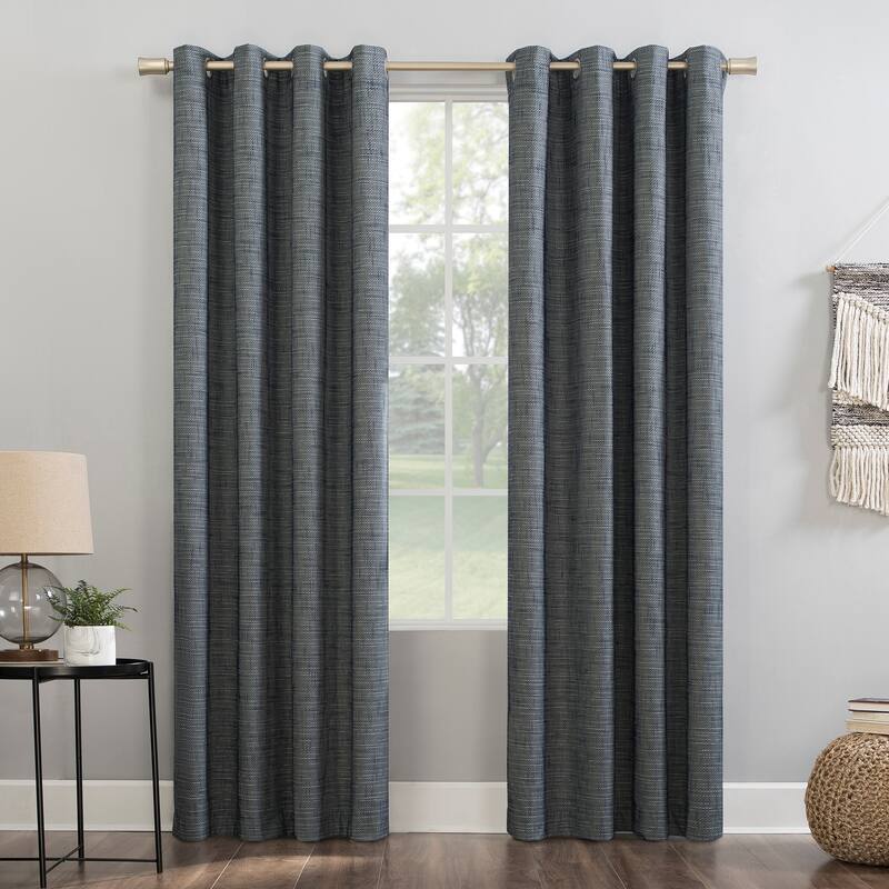 Sun Zero Kline Burlap Weave Thermal Extreme Total Blackout Grommet Curtain Panel, Single Panel - 52 x 63 - Navy/Denim
