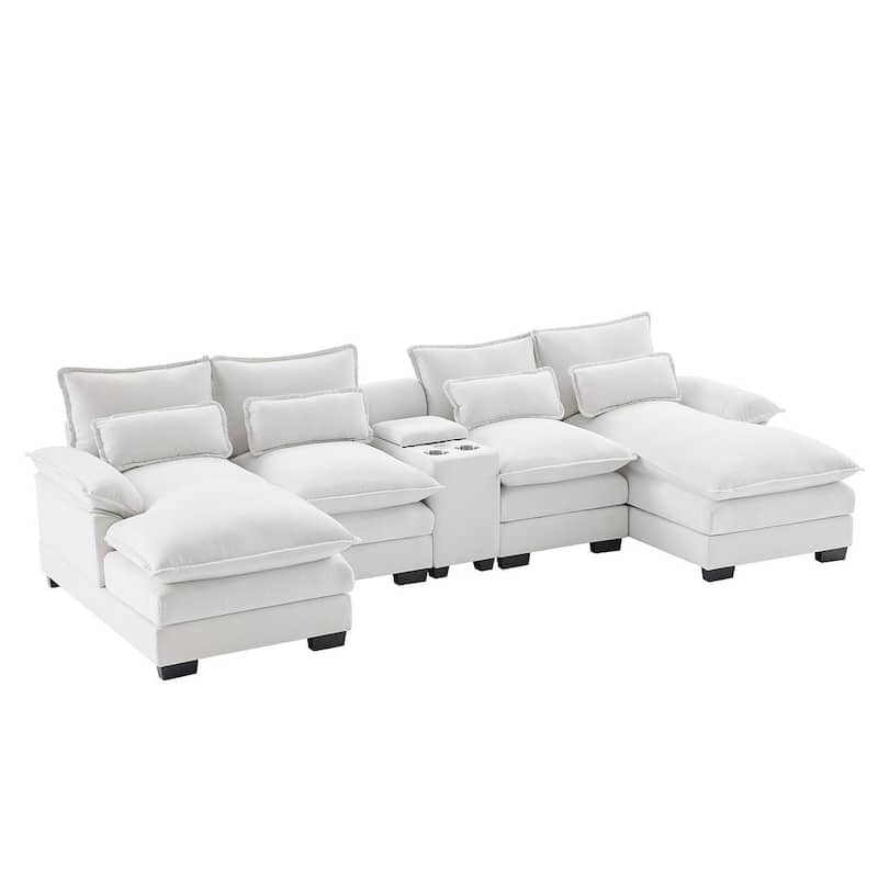 123"W modern u-shaped living room upholstered sofa with console, cup holders and USB ports