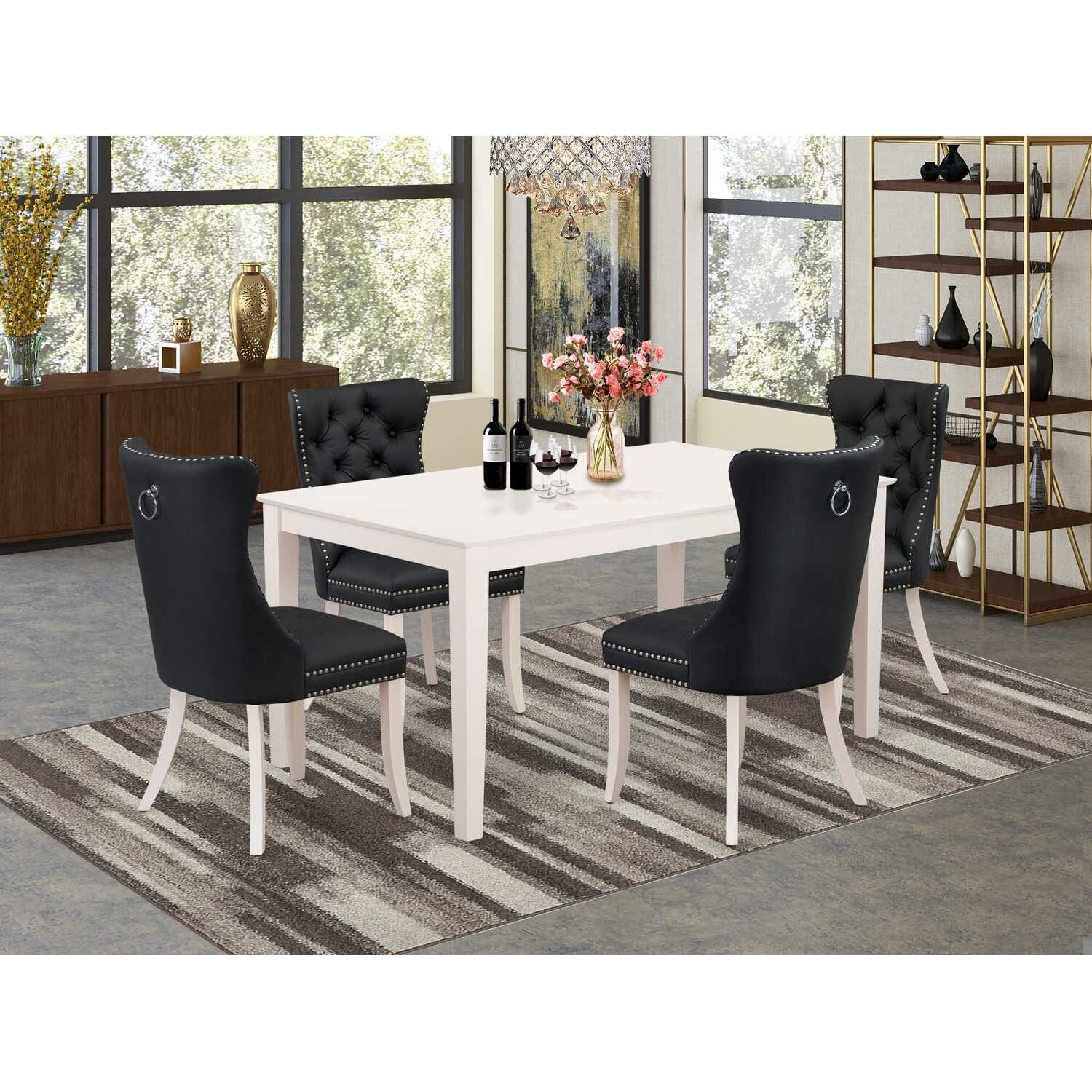 5-Piece Rectangular Linen White Finish Solid Wood Top-Upholstered Dining Room Set-Seats 4