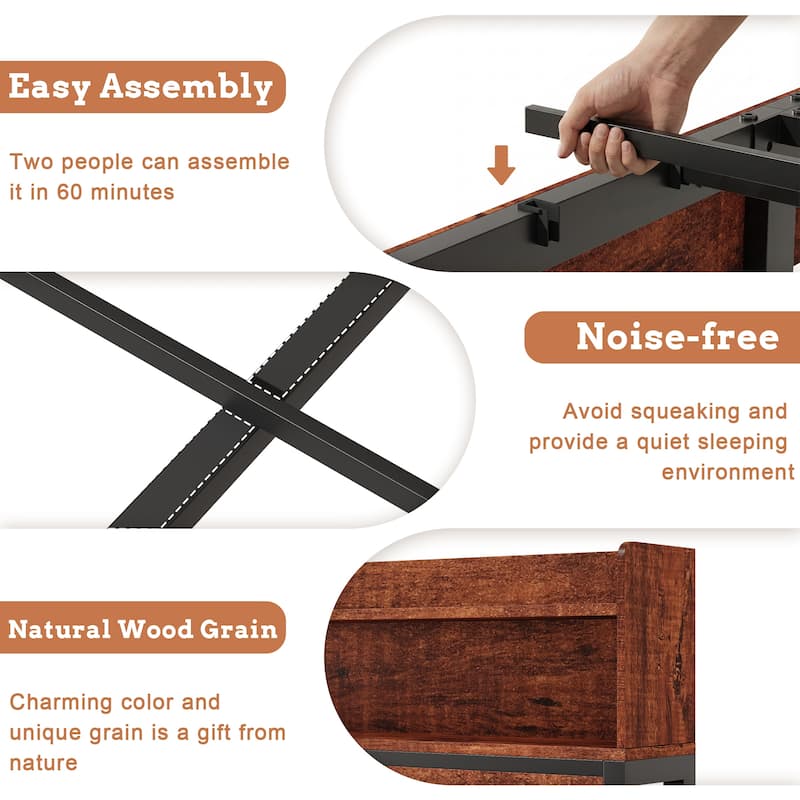 Queen-size Bed Frame with Storage Headboard, Footboard Storage Compartments and LED Lighting, Equipped with Anti-slip