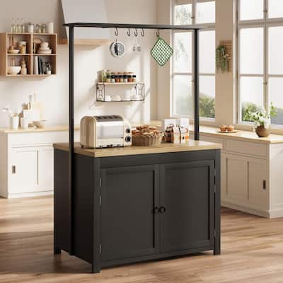 41" Kitchen Island with Storage, 1.2" Countertop with Double Shelves, 5 Hooks, Metal Coffee Bar Table, Black