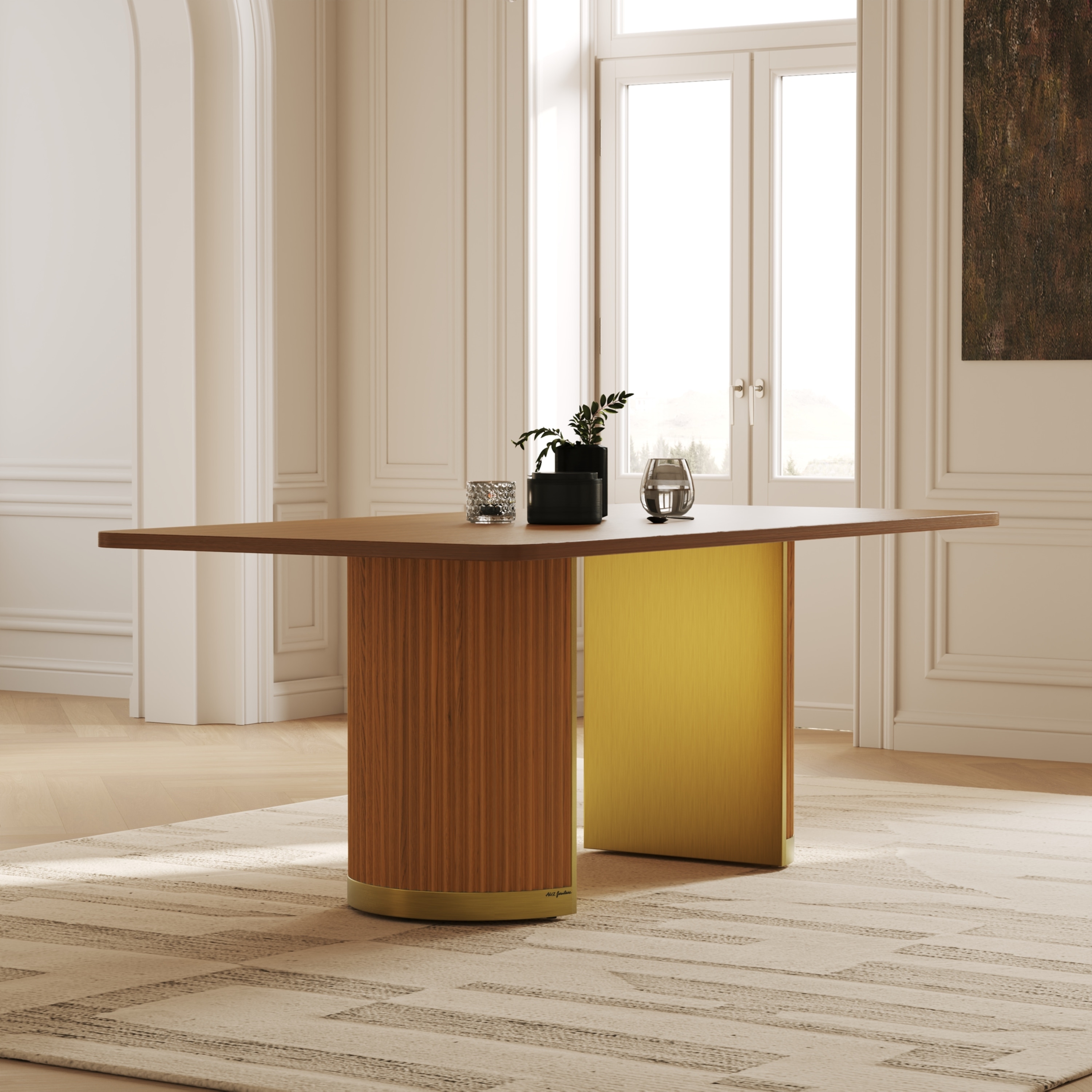 Mid Century Modern Solid Wood Dining Table with Double Pedestal Base