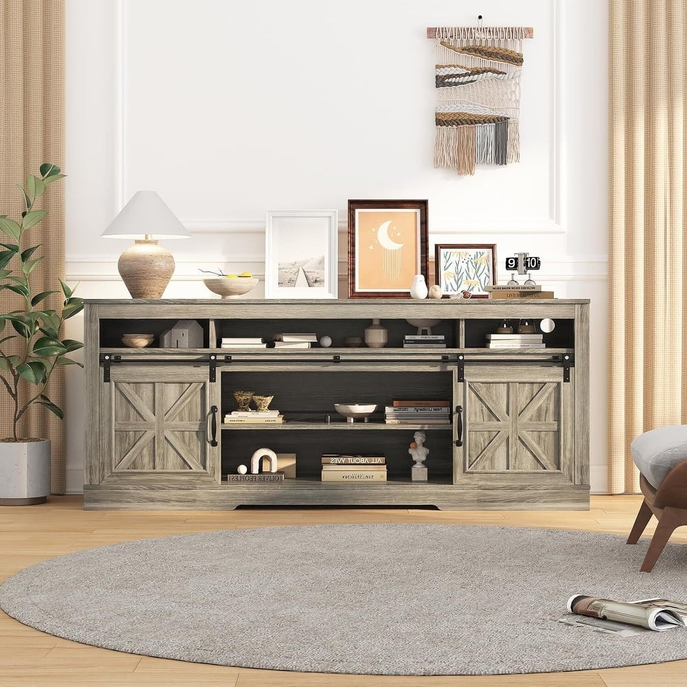 66" Farmhouse TV Stands, Entertainment Center with Open Storage, Power Outlets - N/A
