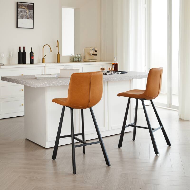 Set of 2 Bar Stool with Ergonomic Curved Backrest - Sturdy Black Metal Frame Counter Height Seating with Footrest