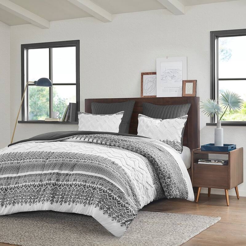 3 Piece Cotton Comforter Set with Chenille Tufting Gray Full/Queen