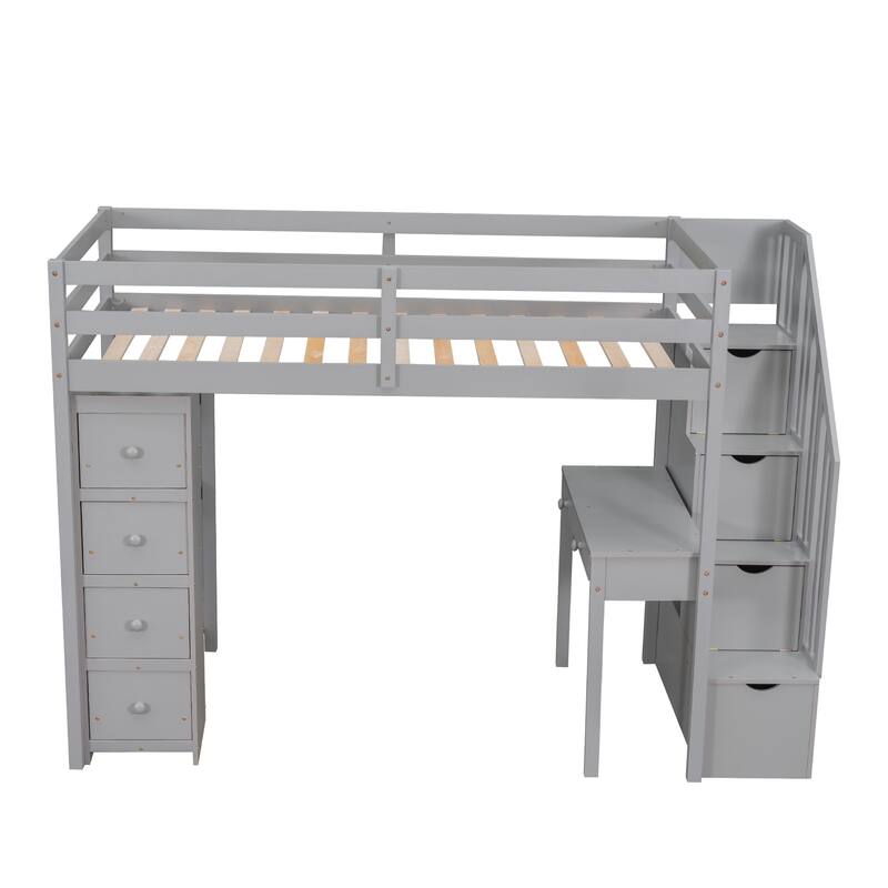 Twin Size Wooden Loft Bed with Storage Drawers, Desk, Stairs, and Shelves - Gray