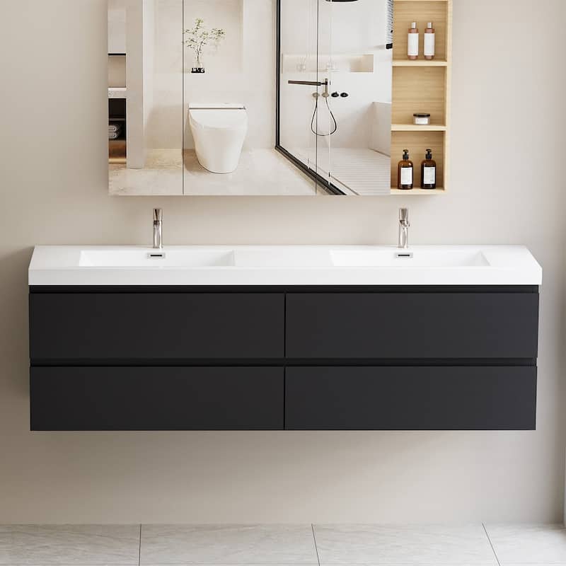 MDF Wall-Mounted Bathroom Vanity Set in Black with Integrated Culture Marble Sink - 72'' x 20'' x 22''