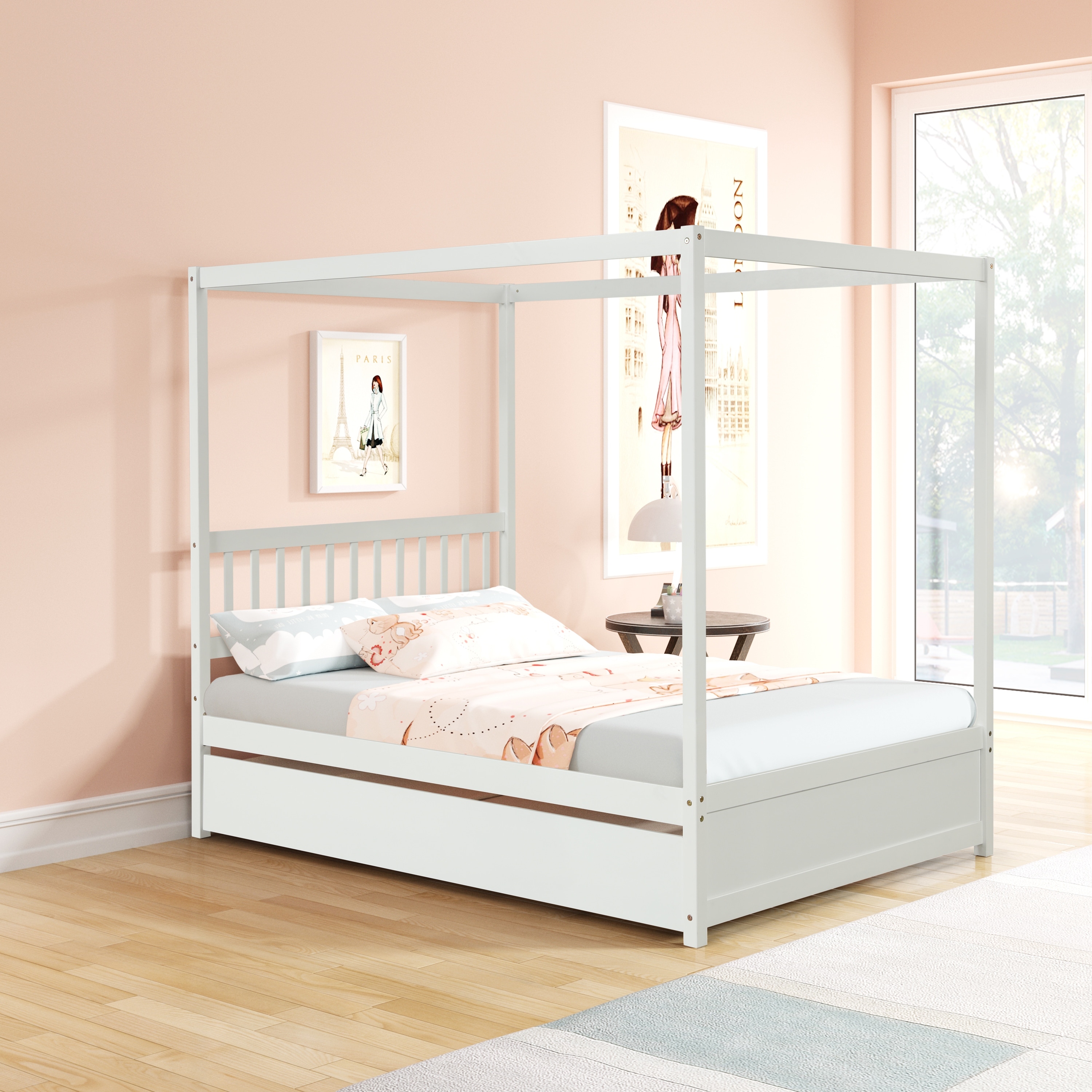 Kids Solid Wood Canopy Platform Bed with Trundle and Headboard White