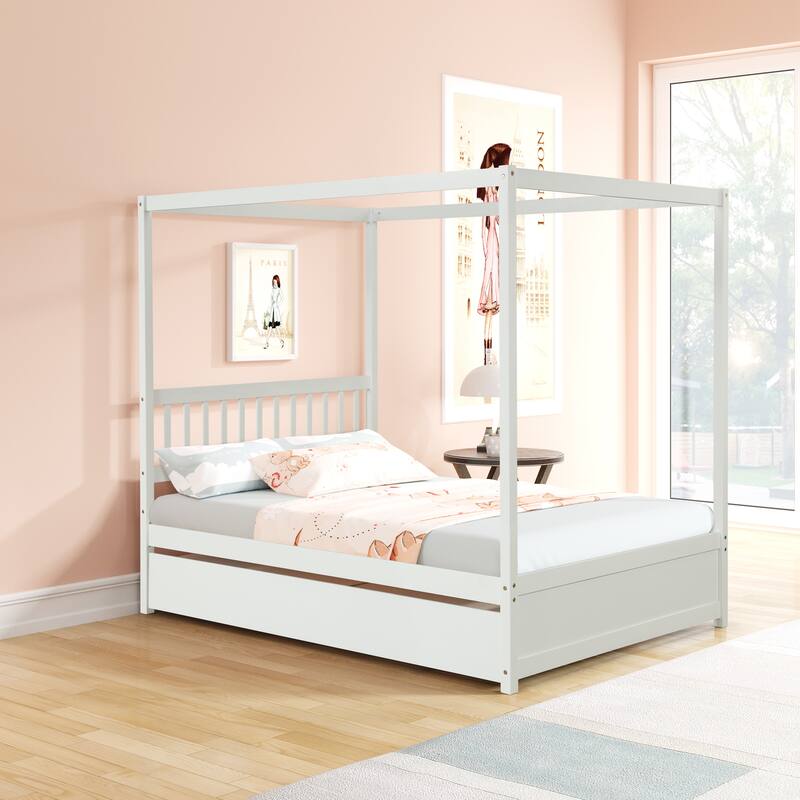 Solid Wood Full Size Canopy Platform Bed Frame with Twin Trundle Bed