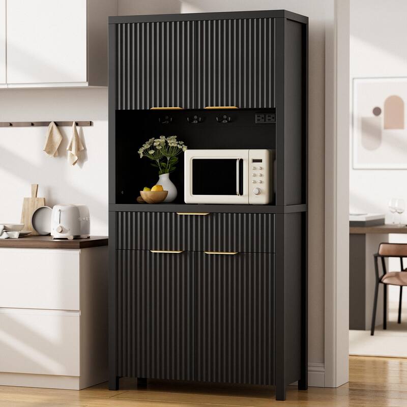 71"Pantry Storage Cabinet with Drawer, Charging Station and Open Countertop for Dining Living Room - Black