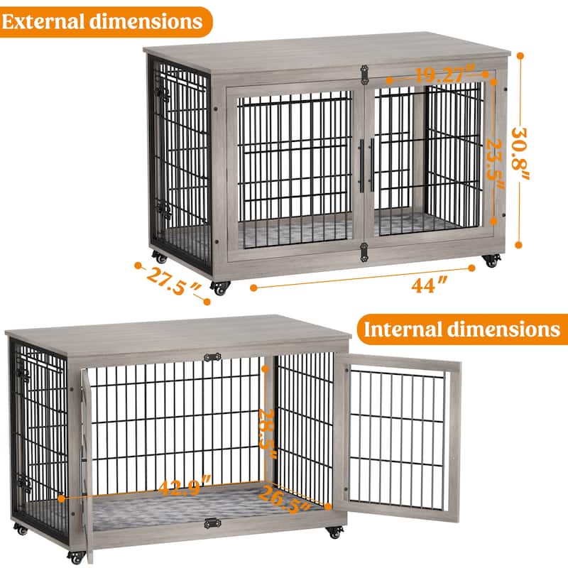 Dog Crate Indoor Heavy Duty Double Doors Wooden Dog Cage with Cushion
