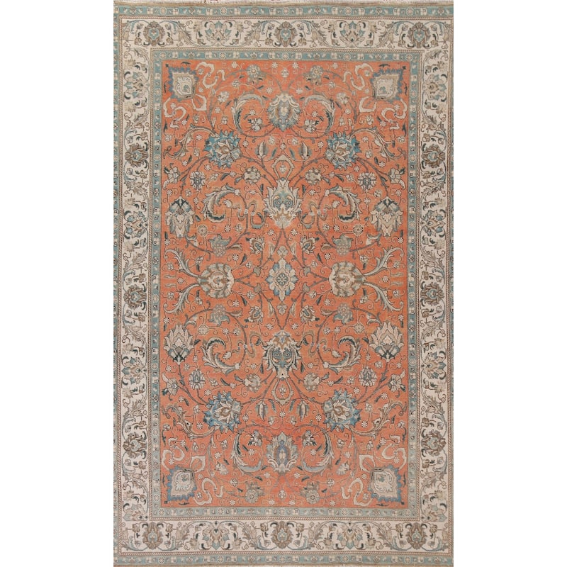 Hand Knotted Oriental 100% Wool Carpet Traditional All-Over Oranges & Rust Tabriz Area Rug - 10' 11'' X 7' 1''