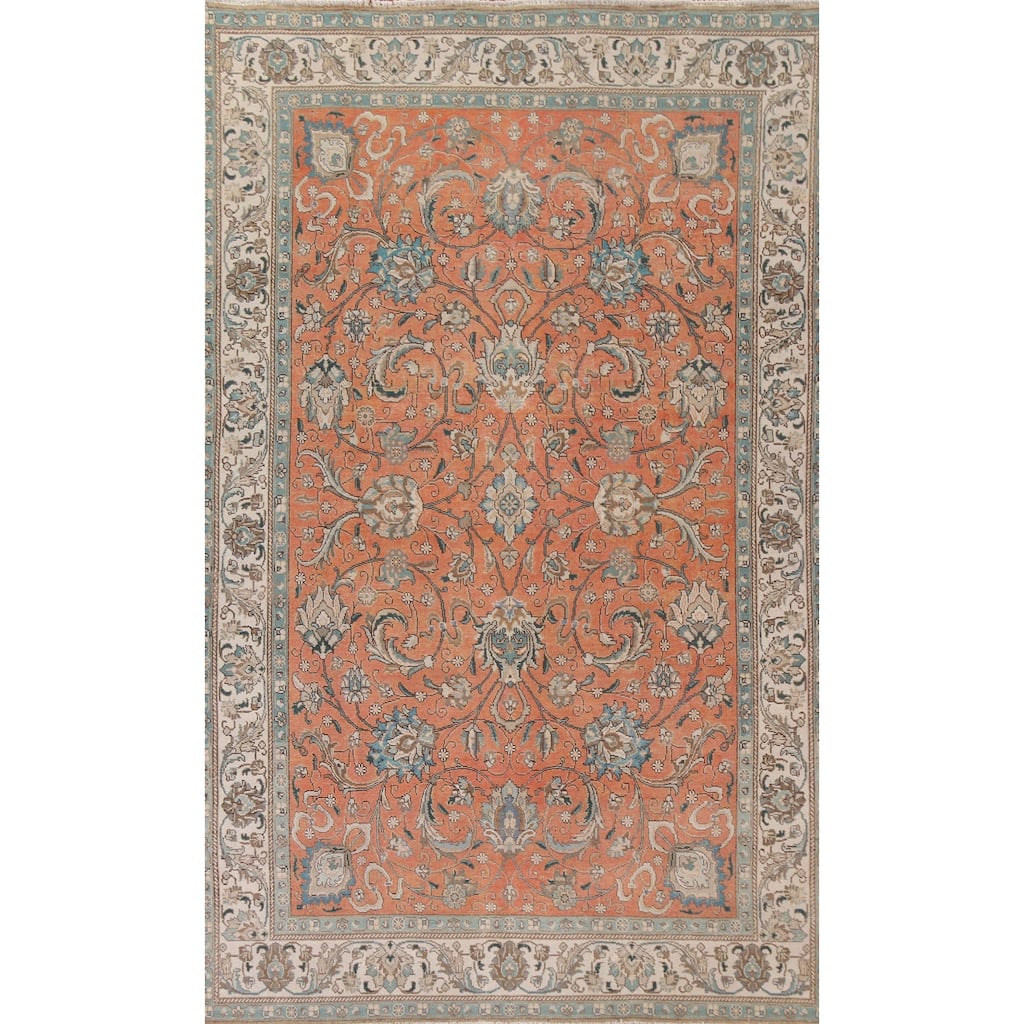 Hand Knotted Oriental 100% Wool Carpet Traditional All-Over Oranges & Rust Tabriz Area Rug - 10' 11'' X 7' 1''
