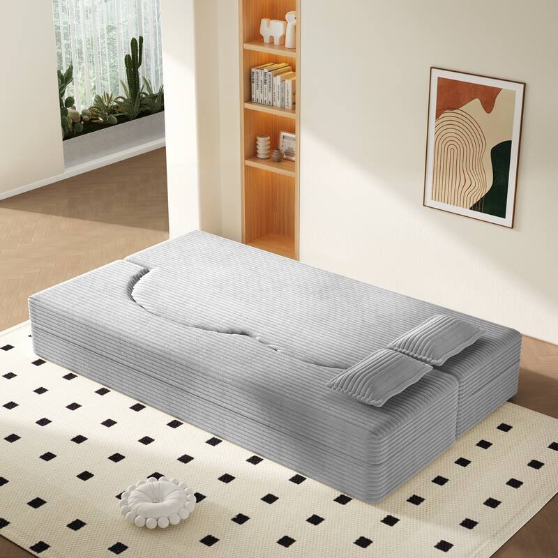 Modern Floor Sofa with 2 Pillows,Convertible Teddy Fabric Foam-Filled Sleeper Sofa Bed