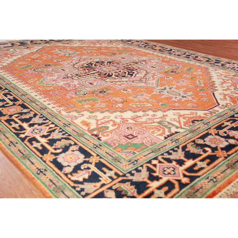 Orange Medallion Heriz Serapi Oriental Rug Hand-Knotted Wool Carpet - 8'1" x 9'11"