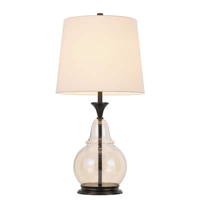 Clear and Black Metal Table Lamp with White Linen Empire Shade and 3 Way Switch - 14” x 14” x 28” (D x W x H)