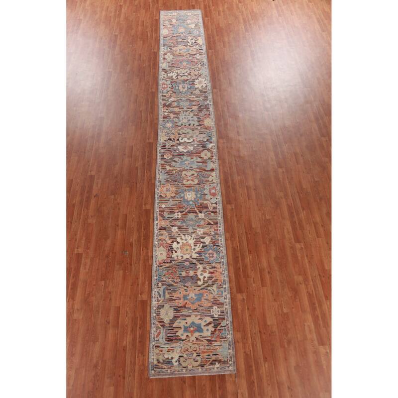 Hand Knotted Oriental 100% Wool Carpet Transitional Floral Multi-Colored Oushak Runner Rug - 19' 4'' X 2' 5''