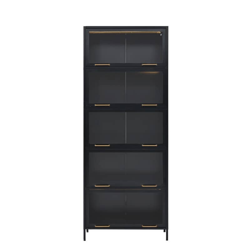 78.75-Inch Iron Display Cabinet with Glass Doors ， 5-Tier Steel Barister Bookcase with LED Lights for Collectibles