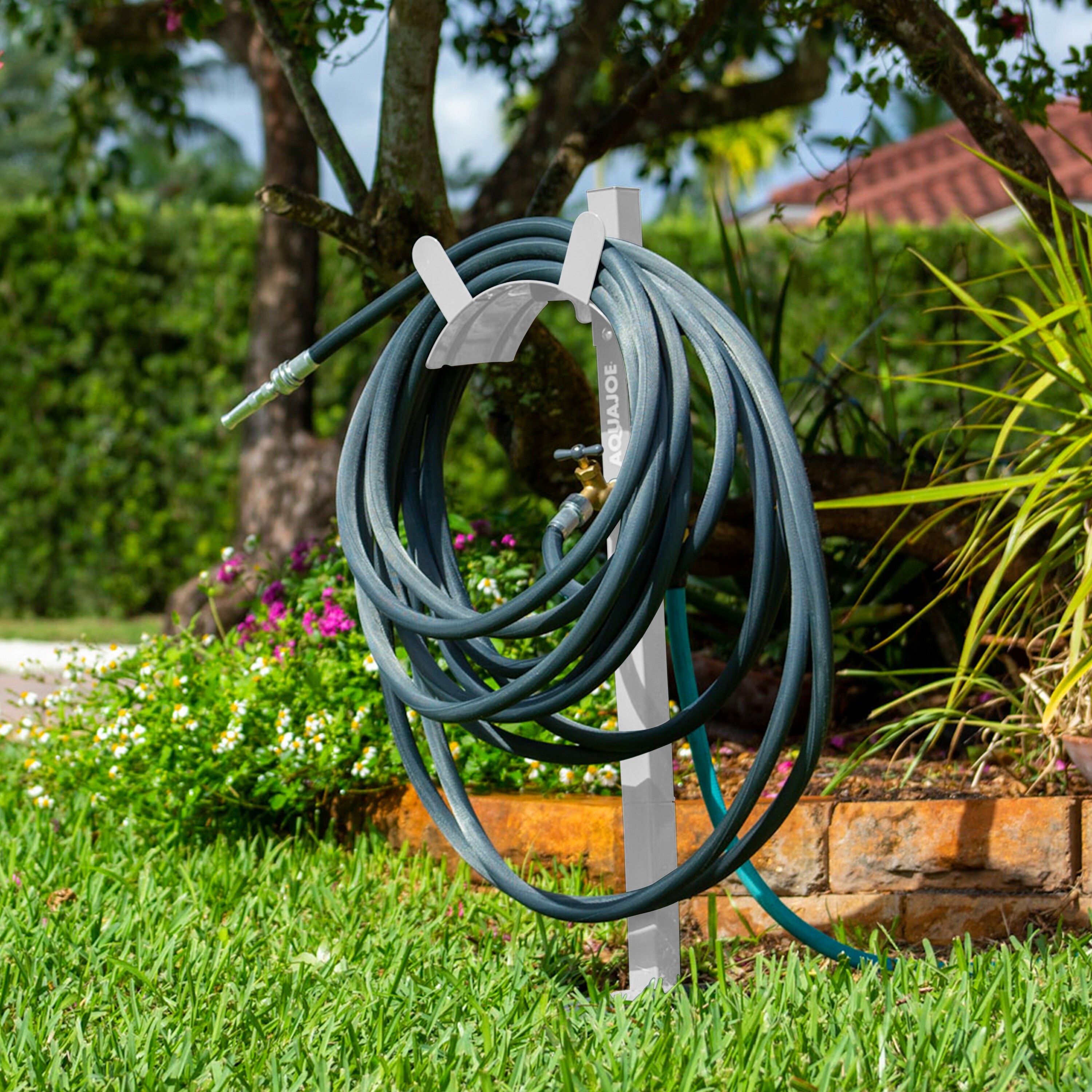 Aqua Joe Garden Hose Stand with Brass Faucet (White) - 42.5-inch