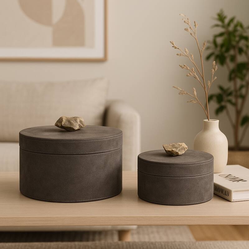 Wood Keepsake Box Stone Knob Lid Elegant Storage (Set of 2) - 5" Gray - 8" x 8" x 5" - Gray - 8" x 8" x 5"