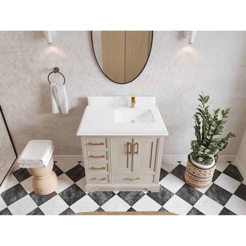 Willow Collections 36 x 22 Charlotte D Right Offset Sink Bathroom Vanity with Countertop - 1.5" Empira White - Fine Grain