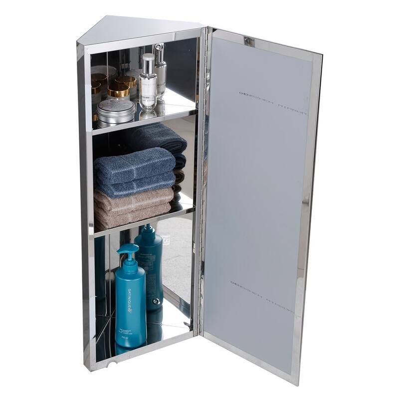 Infinity Corner Medicine Cabinet with Mirror Stainless Steel 31.5" x 12" Triple Shelf Cabinet Left Open