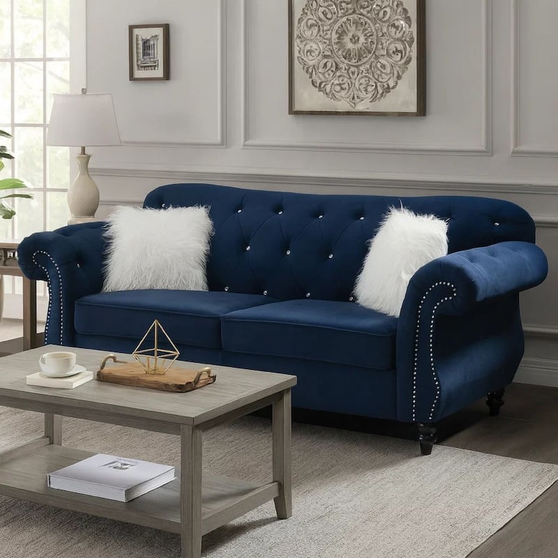 77 Inches Nailhead Trim Velvet Loveseat with Crystal Tufting, Blue