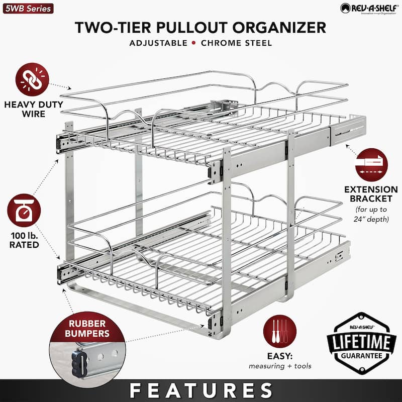 Rev-A-Shelf Pullout 2-Tier Basket Organizer for Kitchen Cabinets, 9 x 22 In, 5WB2-0922CR-1