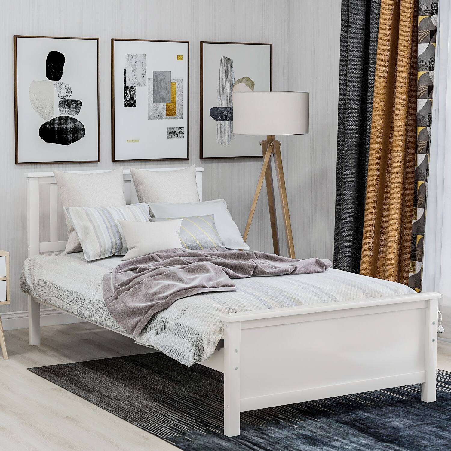 Twin Size Wood Platform Bed with Headboard, Footboard and Wood Slat Support, White Bed Bath
