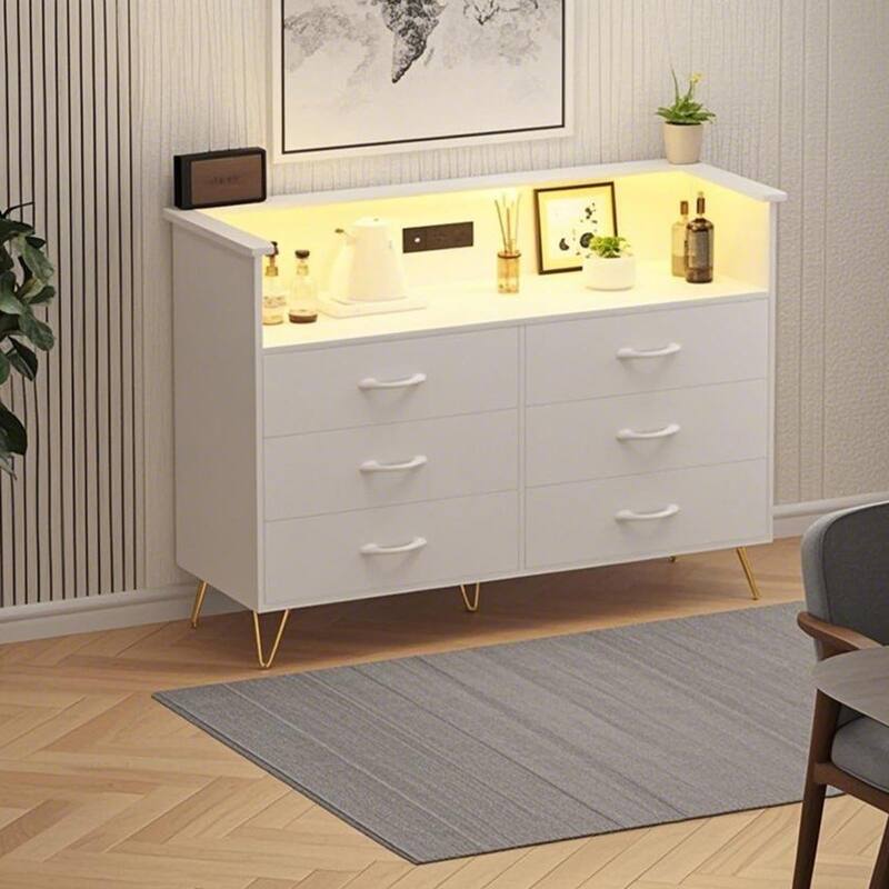 6-Drawer Dresser for Bedroom with LED Lights & Charging Station, Wood Storage Chest with Steel Frame
