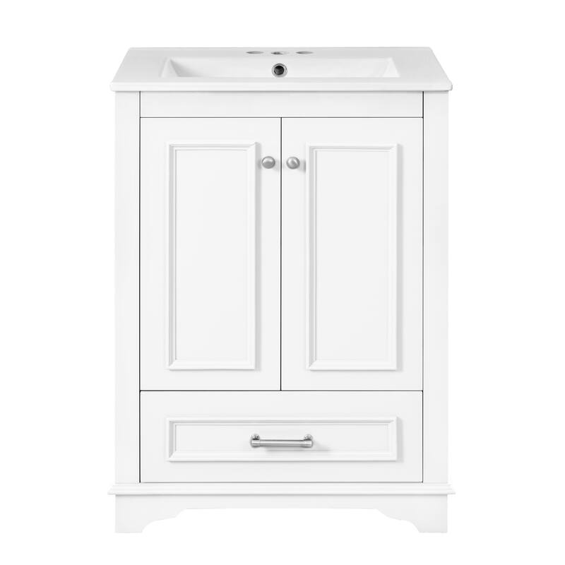 Roomfitters 24" Vanity with Ceramic Sink, Freestanding Cabinet with Silver Handles and Soft Closing Doors