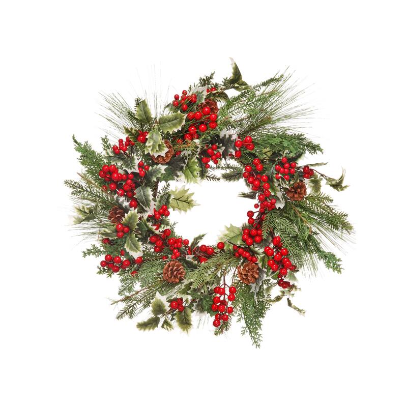 24" Berry/Varigated Holly/Spruce Wreath - Green Red - 24-Inch