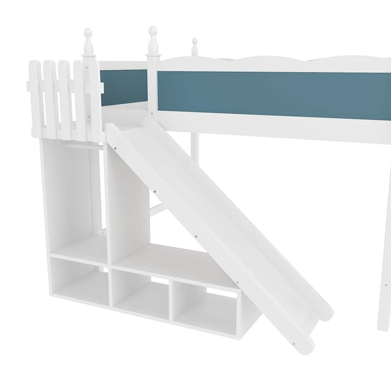 Queen Loft Bed with Storage Shelves and Wardrobe, Solid Wood Loft Beds with Detachable Slide and Ladders, No Spring Box Needed