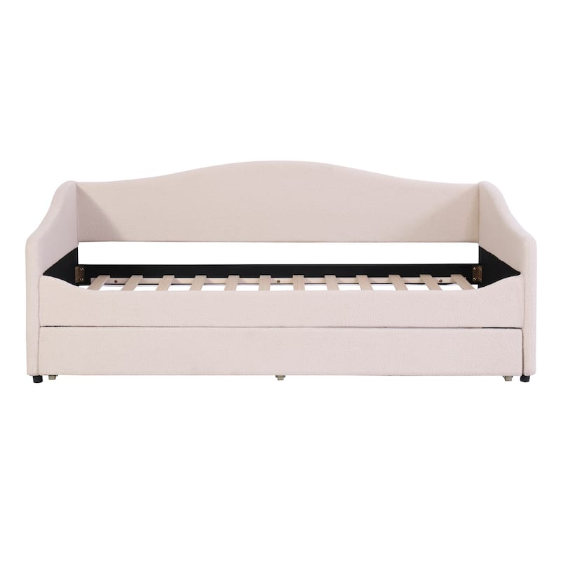 HomeRoots Beige Tufted Boucle Twin Day Bed With LED Lighting And Trundle And USB