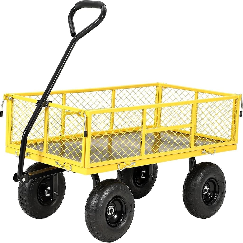 900-lb Capacity Steel Garden Cart Removable Mesh Sides Convert to Flatbed and 180Degree Rotating Handle Yellow
