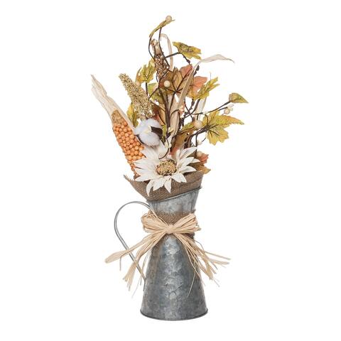 Transpac Metal 19 in. Multicolored Harvest Rustic Sunflower and Cotton Arrangement in Pitcher
