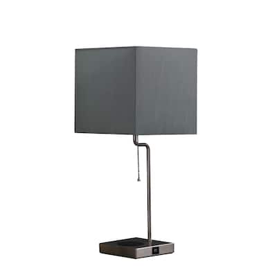 Grey Metal Table Lamp with Linen Square Shade and Wireless Charging - 5.5” x 5.5” x 21.5” (D x W x H)