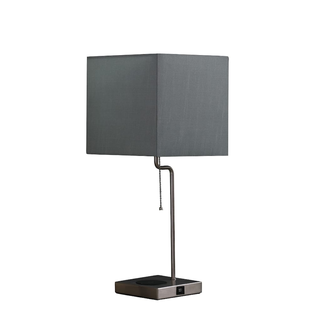 Grey Metal Table Lamp with Linen Square Shade and Wireless Charging - 5.5” x 5.5” x 21.5” (D x W x H)
